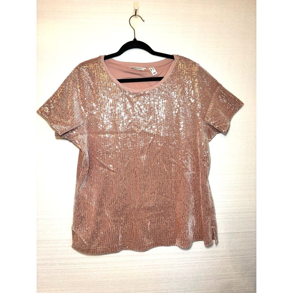 Isaac Mizrahi Live! Sequin Short Sleeve Pink NWOT SZ L Holiday Resort Cruise